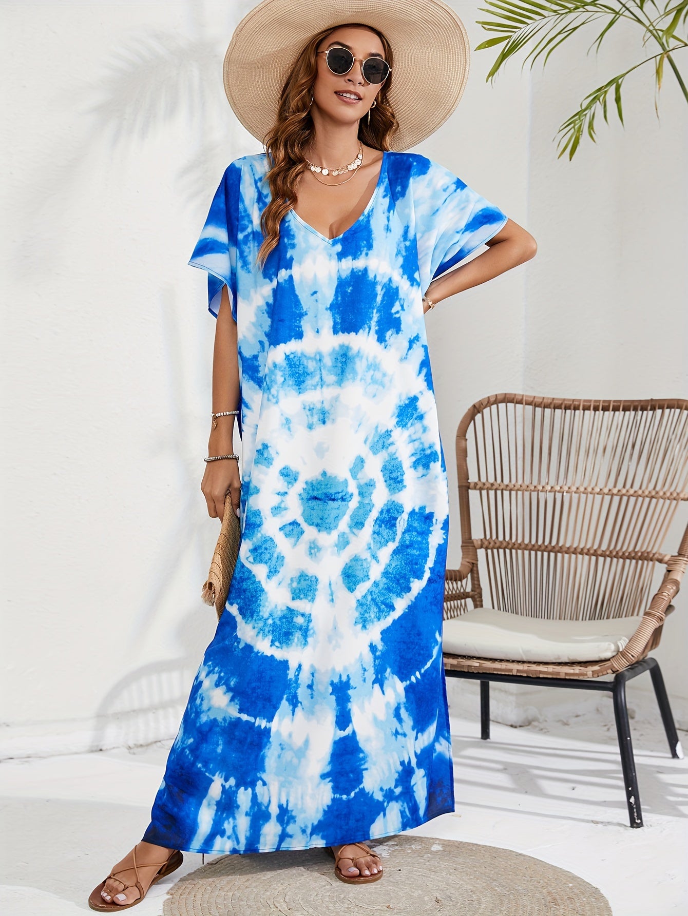  Boho Cover Up Spiral Tie Dye Print Kaftan Maxi Dress