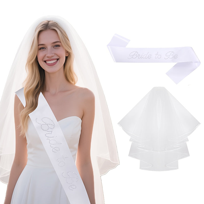 Bridal Veil Set & Bride to Be Sash Wedding Gown w/ Rhinestone Accents