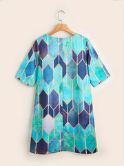 Multicolor V Neck Long Dress Mature Loose Sleeve Waist Dress