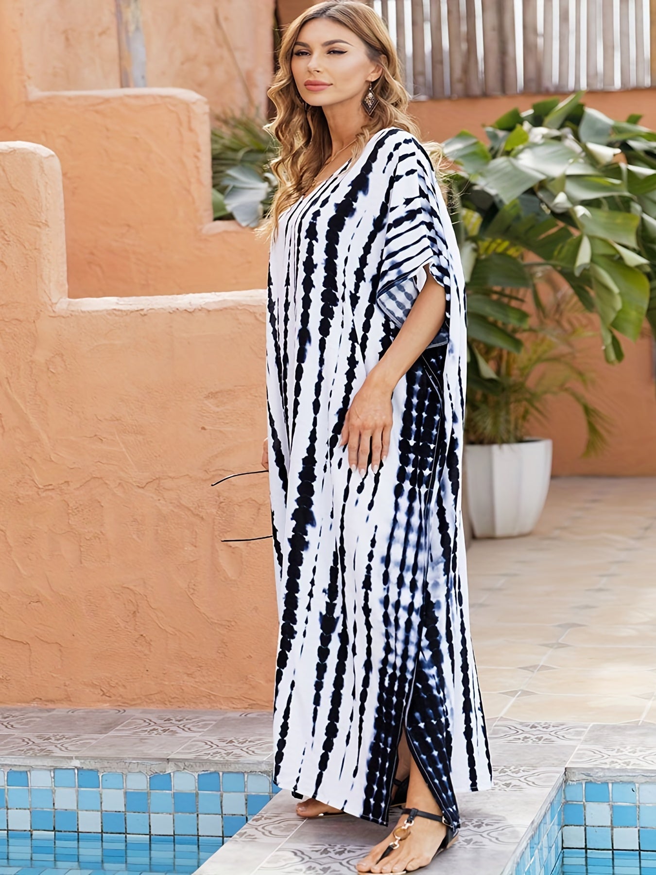 Tie Dye Bat Sleeve V Neck Cover Up Dress