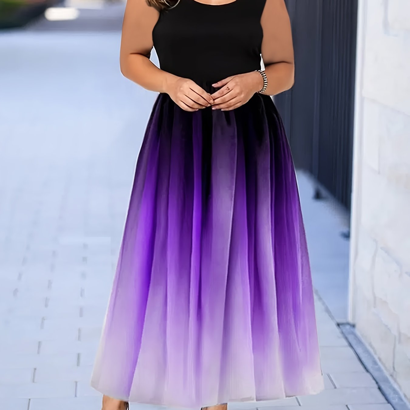  Colorblock Ombre Print Round Neck Tank Dress