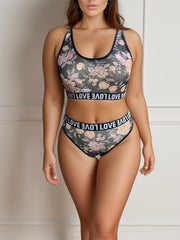 Floral Print Lingerie Set Letter Print Bra & Stretch Panties