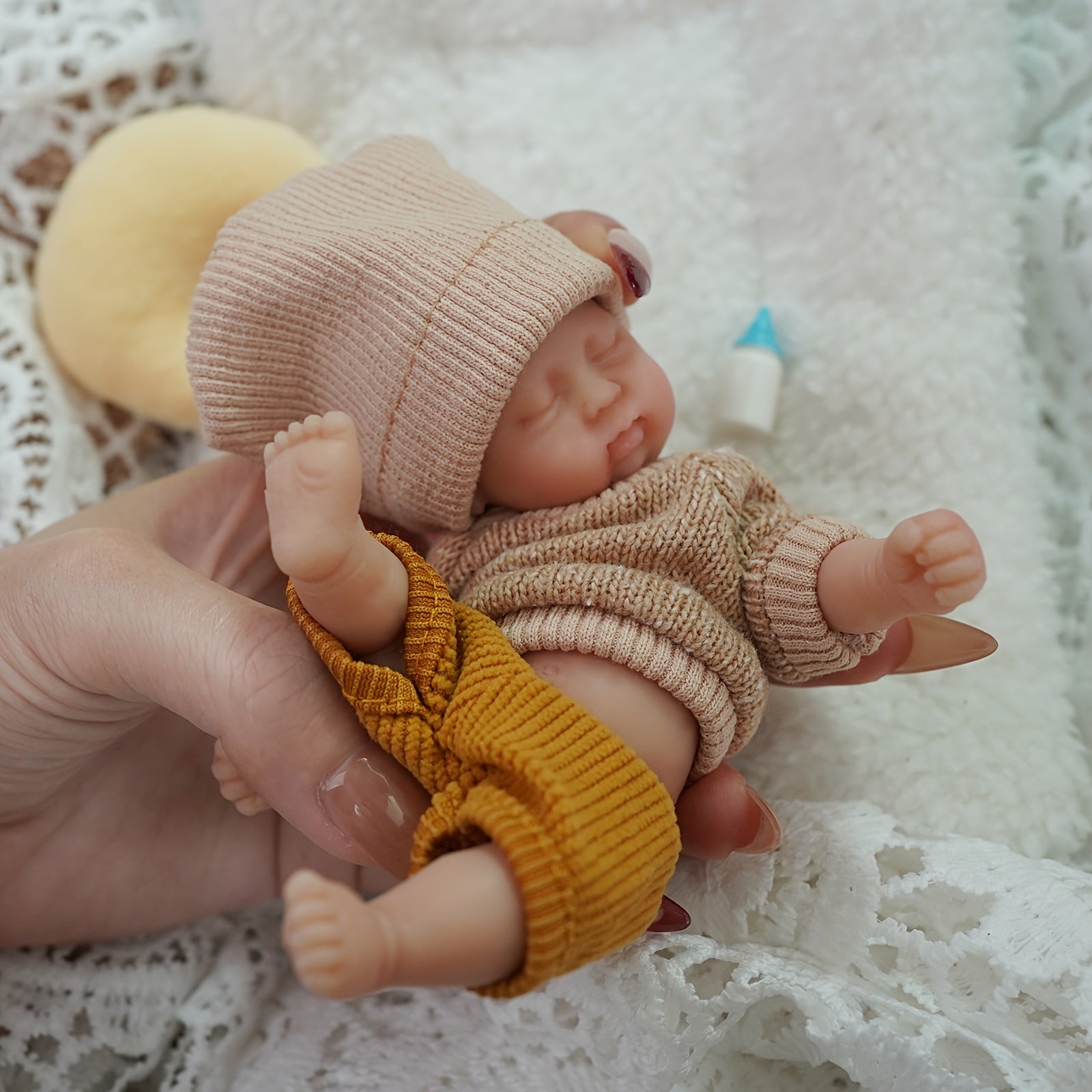 6 Inch Mini Reborn Doll with Hand Painted Light Beige Washable Silicone Body