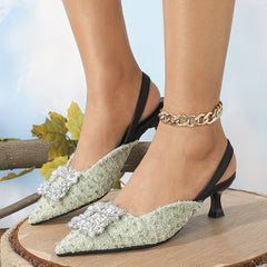 Women's Tweed Kitten Heels Rhinestone Square Buckle Slingback Sandals