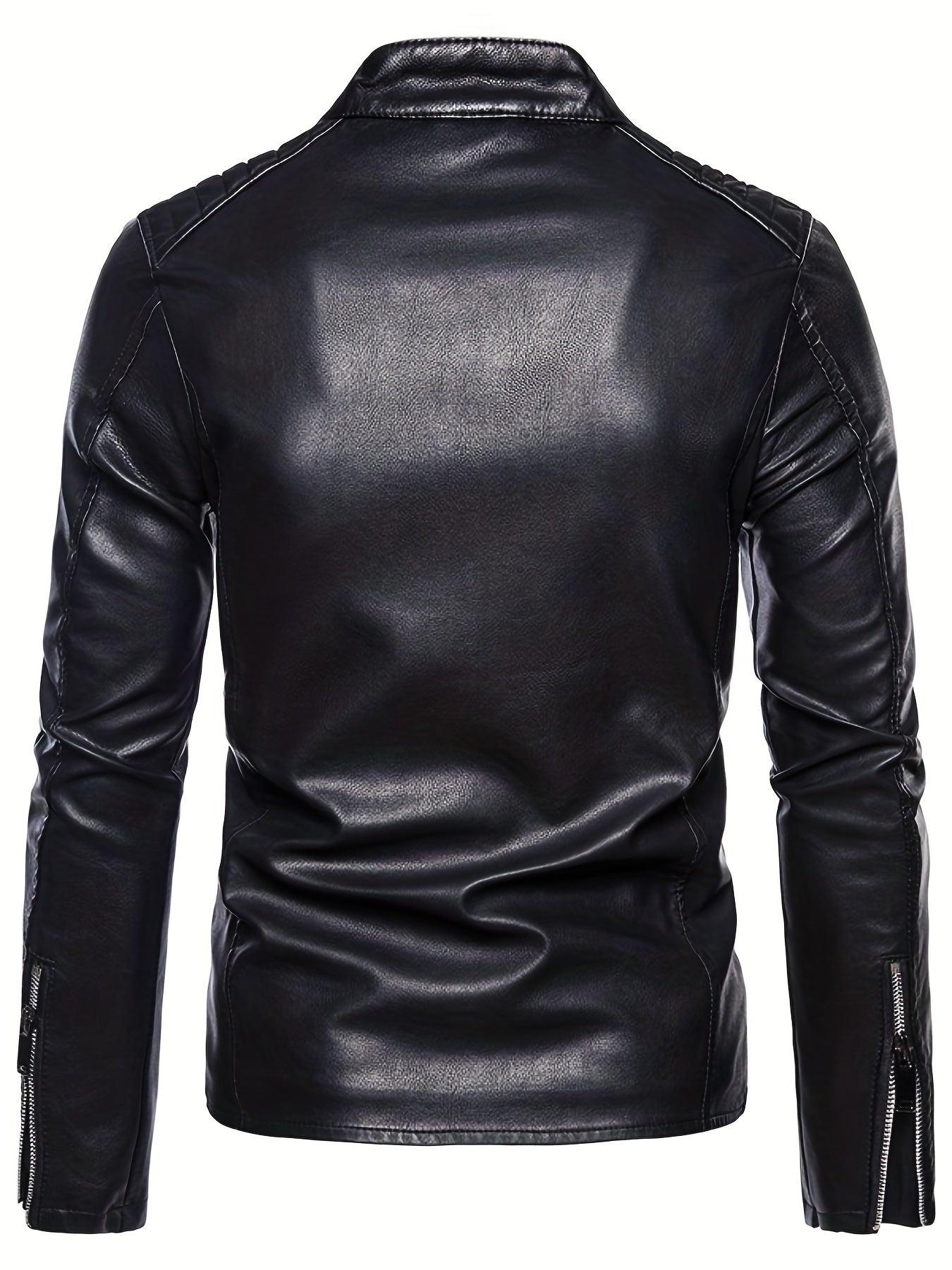 Men's Casual PU Biker Jacket Stand Collar Zipper Pocket Faux Leather Jacket Coat