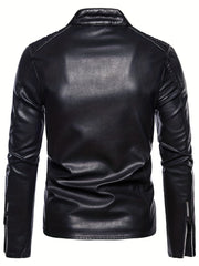 Men's Casual PU Biker Jacket Stand Collar Zipper Pocket Faux Leather Jacket Coat