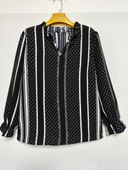 Colorblock Stripe & Dot Print Ruffle Trim V Neck Top