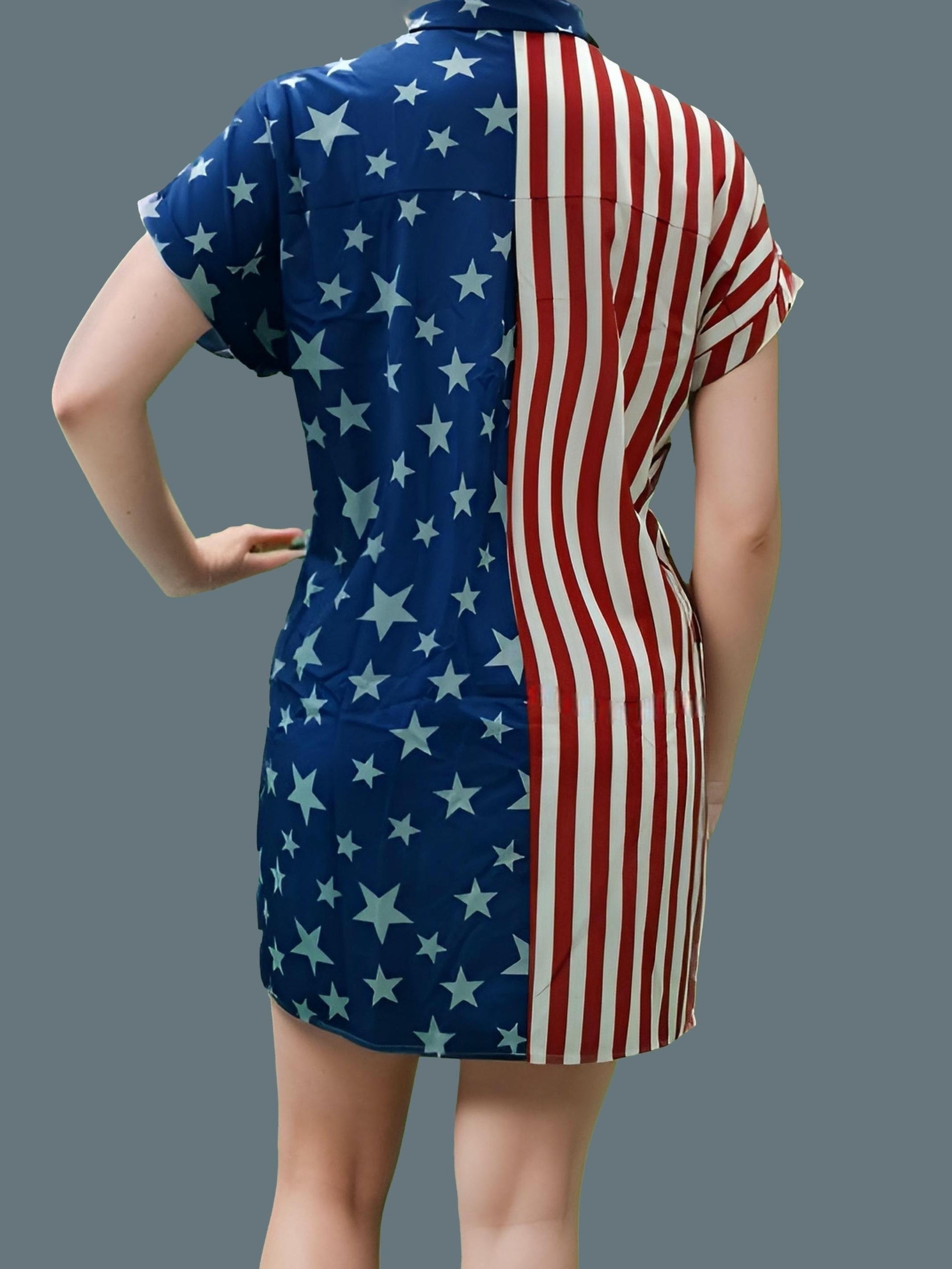  Stripe & Star Print Button Up Shirt Dress
