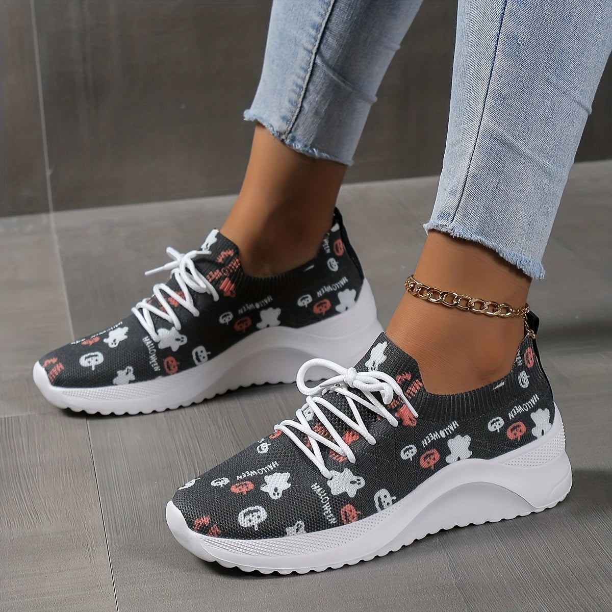 Halloween Pumpkin & Ghost Print Mesh Sneakers