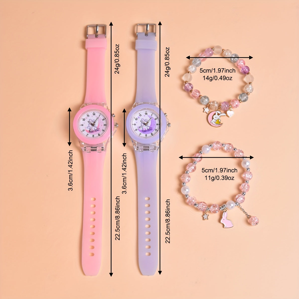 Girls' Rabbit Moon Quartz Watch with LED Glowing, Stretch Bracelet