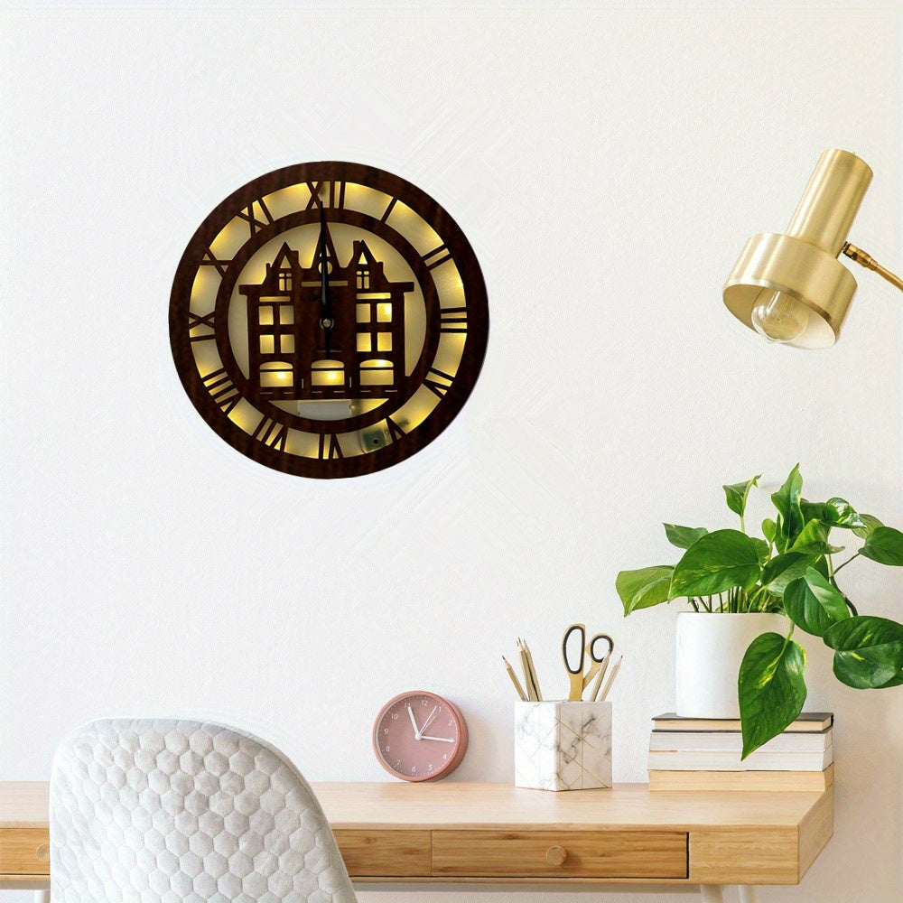 LED Lights Wooden Holiday Home Decoration Wall Hanging House Watch