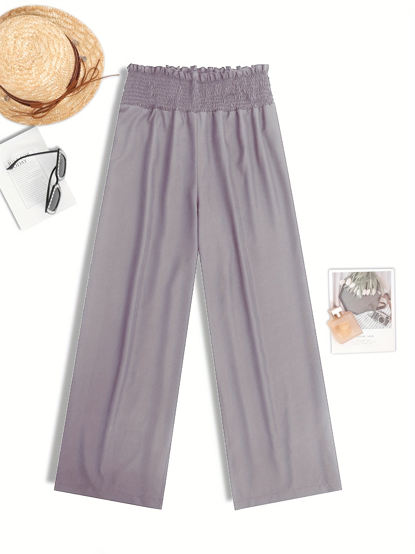  Wide Leg Pants Shirred Waist High Rise Solid Casual