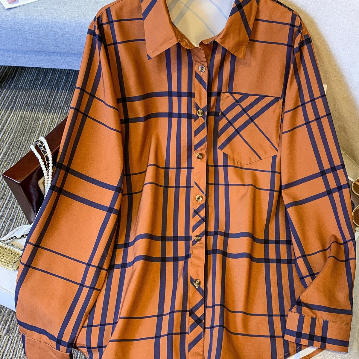  Plaid Print Button Up Blouse