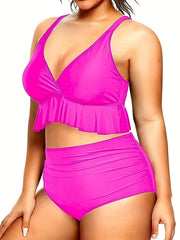  Sexy Bikini Set V Neck Ruffle Crop Top & Ruched Panty Swimsuit