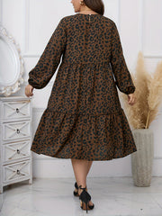  Leopard Print Lantern Sleeve Midi Smock Dress