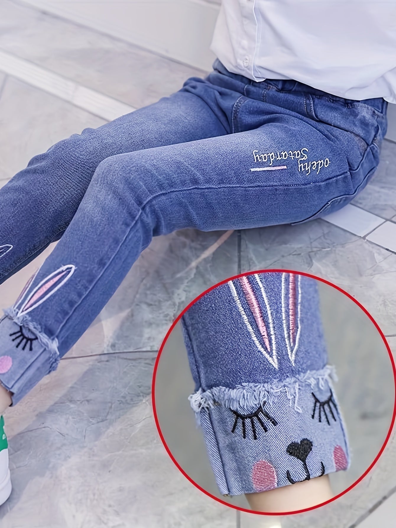 Girls Geometric Cartoon Jeans Elastic Waist Trousers 5-12 Years