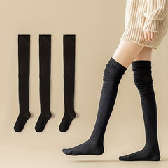 3 Pairs Solid Thigh High Socks Women's Stockings