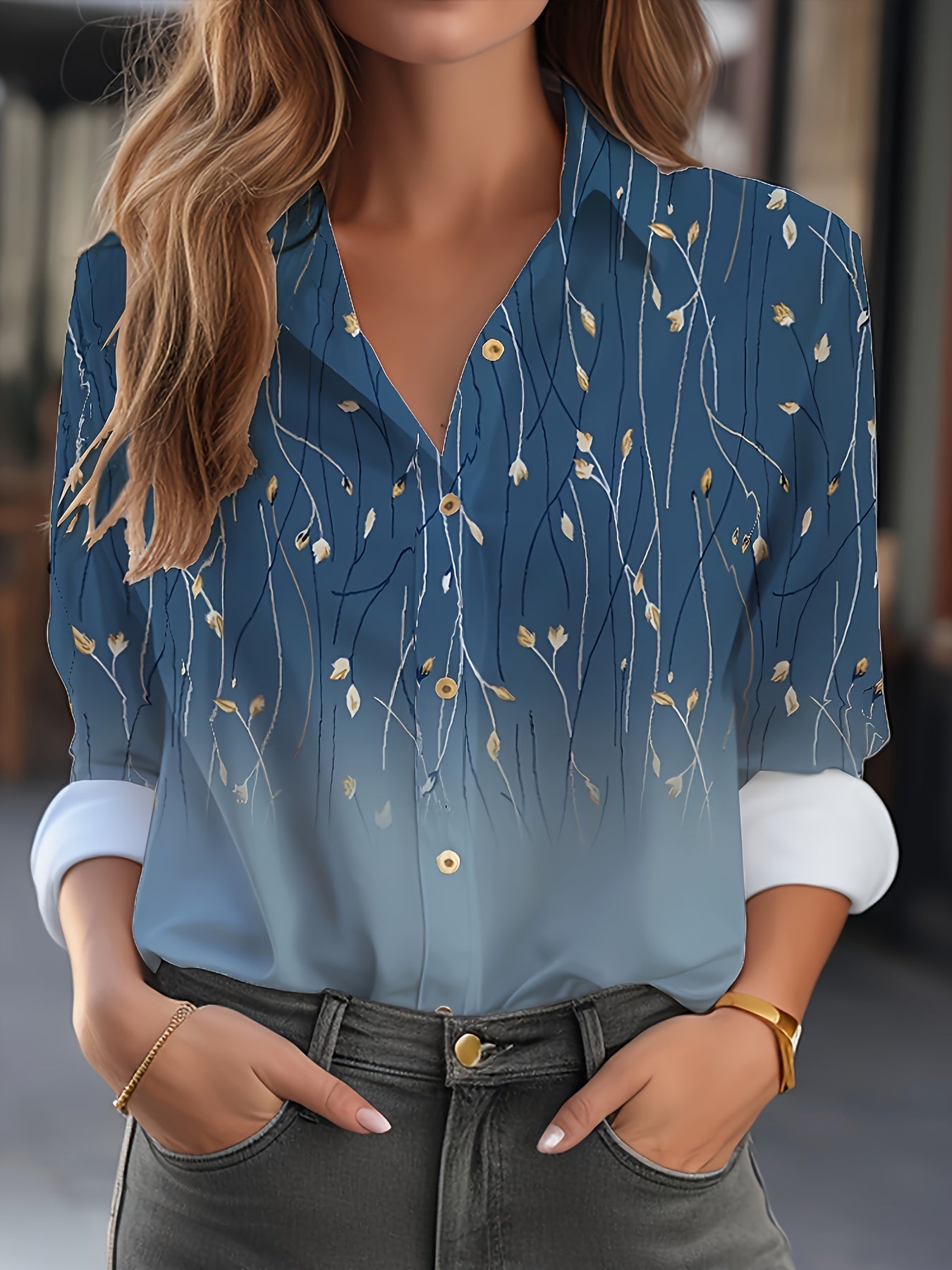  Ombre Floral Print Long Sleeve Button Up Shirt