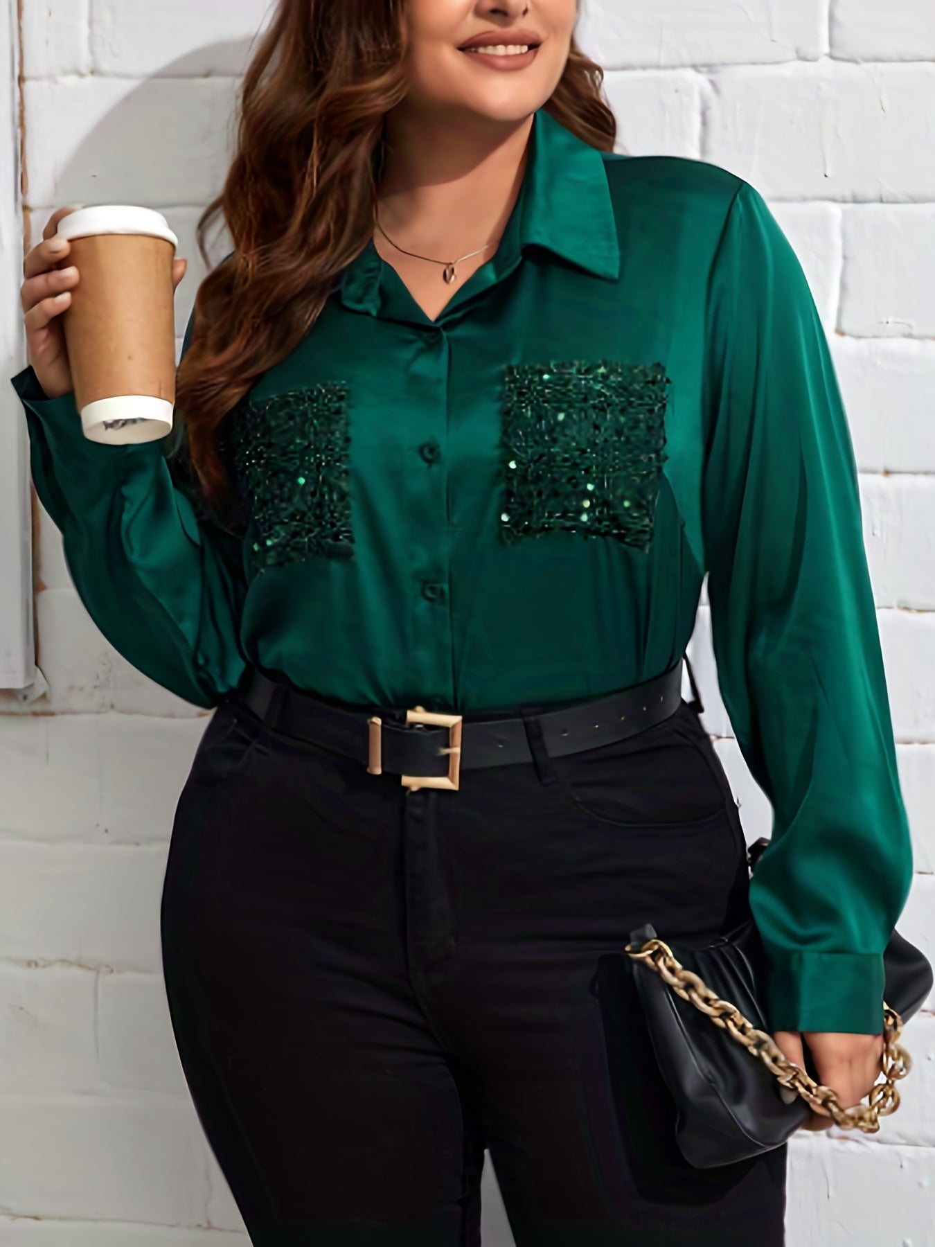  Sequin Satin Button Up Blouse