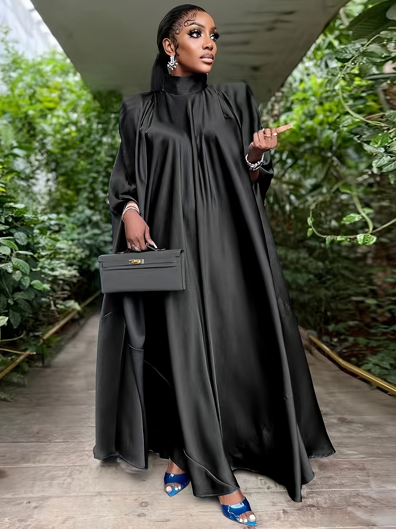  Satin Bat Sleeve Maxi Caftan Dress