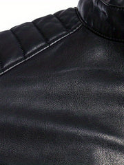Men's Casual PU Biker Jacket Stand Collar Zipper Pocket Faux Leather Jacket Coat