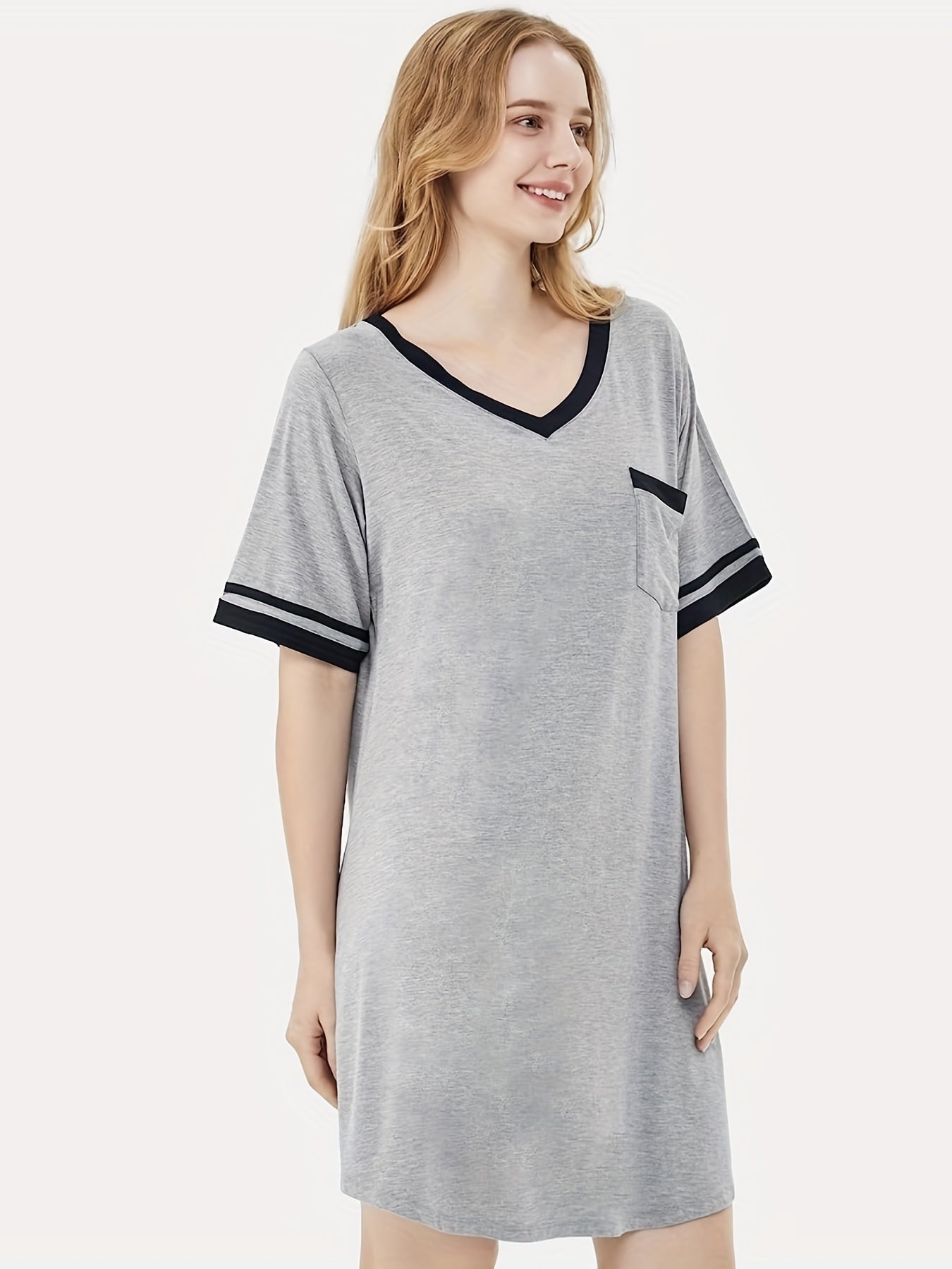 Colorblock Stripe Print V Neck Short Sleeve Dress