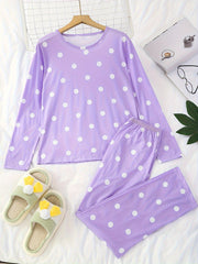 Polka Dots Pajama Set Long Sleeve Round Neck Top And Pants