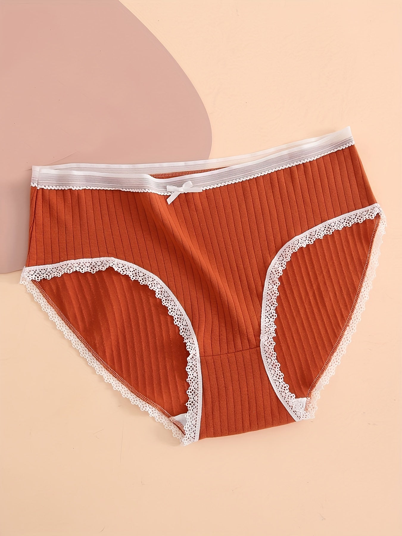 5 Pack Plus Size Panties Set Ribbed Lace Trim Bow Stretch Underwear