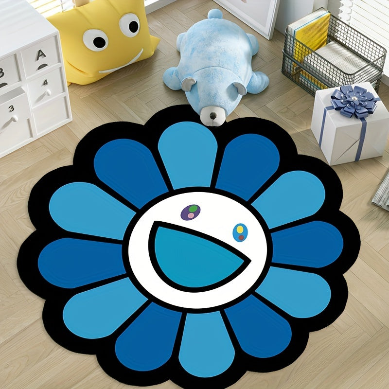 Washable Round Rug Non Slip Sunflower Rug Floor Mat Game Mat