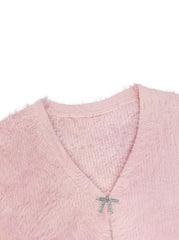  Casual Cardigan Women's Solid Faux Fur Bow Long Sleeve Open Front