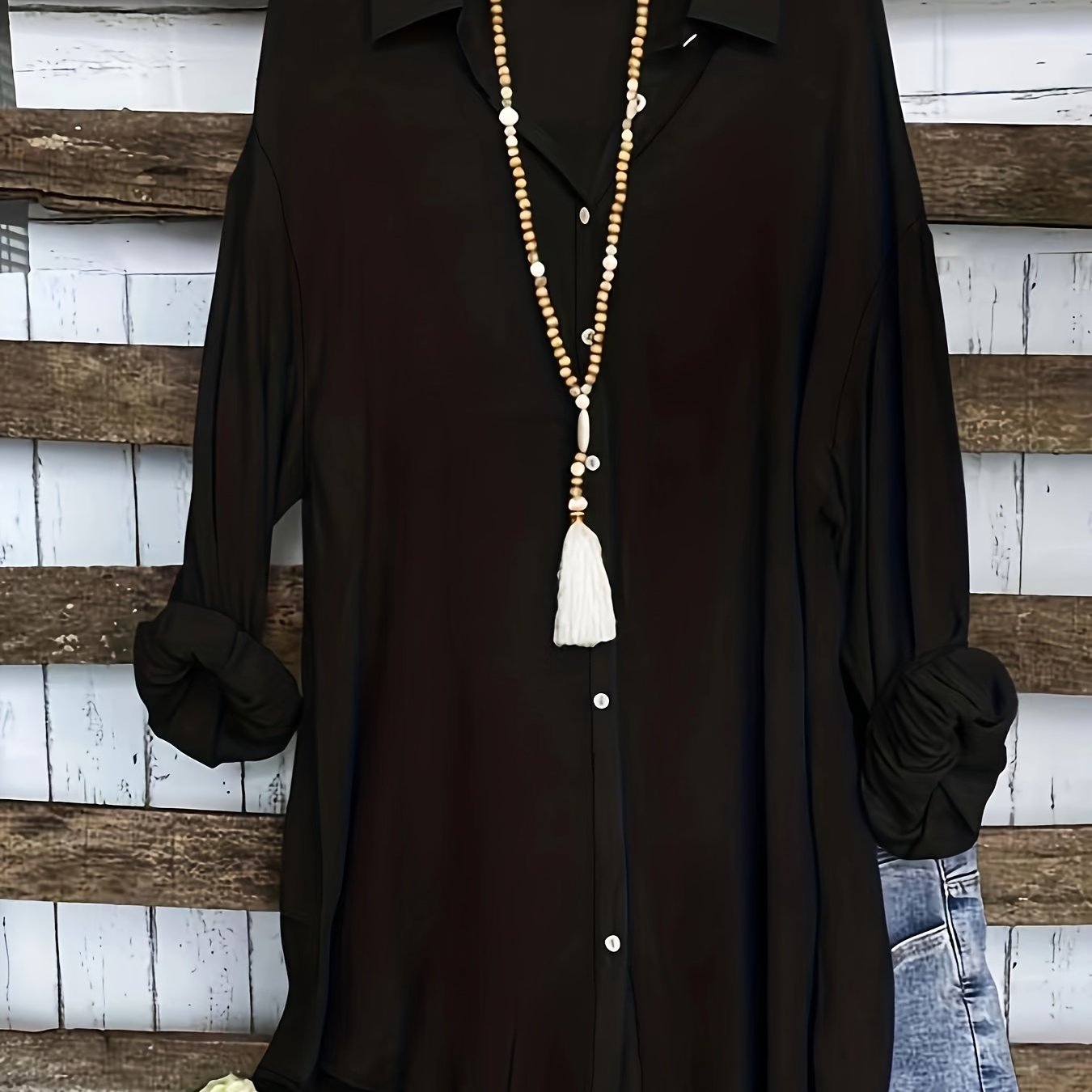  Solid Long Sleeve Button Up Tunic Shirt Top