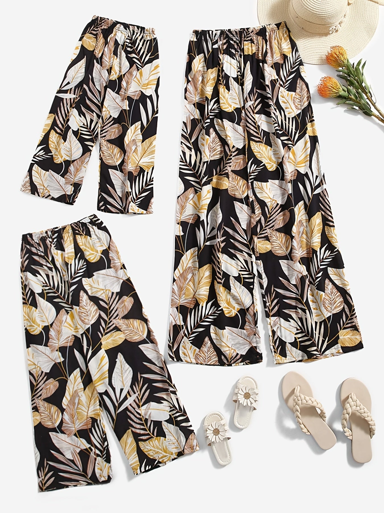  Tropical Print Wide Leg Trousers