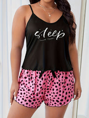 Cat & Letter Print Cami Top & Bow Shorts Pajama Set