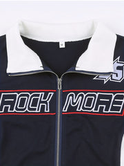 Letter Print Block Zip Up Long Sleeve Y2K Top