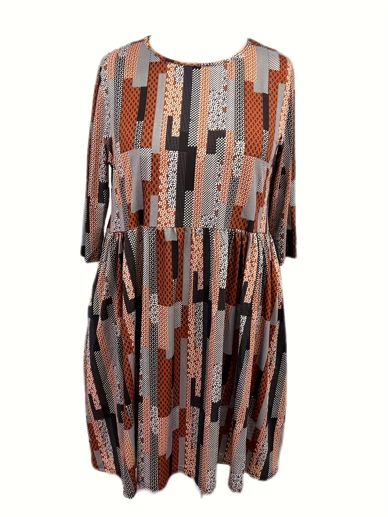  Geometric & Floral Print Half Sleeve Dress
