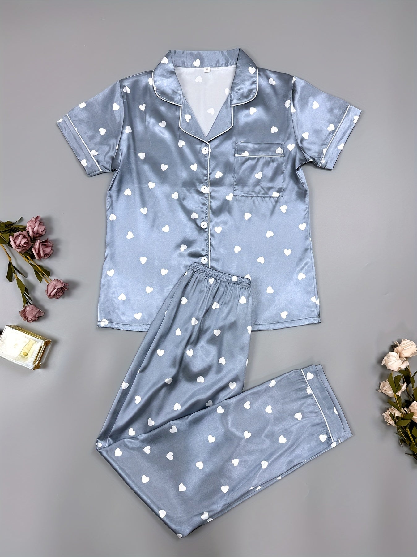 Heart Print Pajama Set Short Sleeve Women's Sleepwear