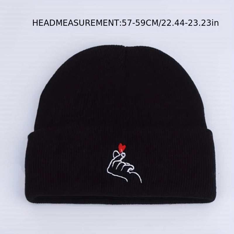 Love Gesture Embroidered Beanie Warm Skull Cap Couple Knit Hat