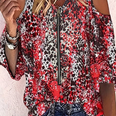  Leopard Print Cold Sleeve Short Sleeve Blouse