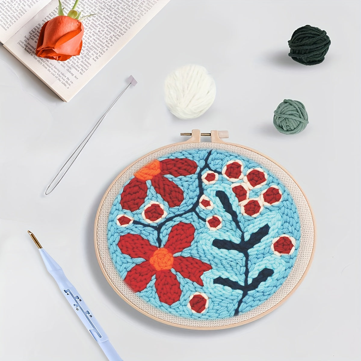 Flowers Pattern Punch Needle Embroidery Starter Kit 7 87x7 87in