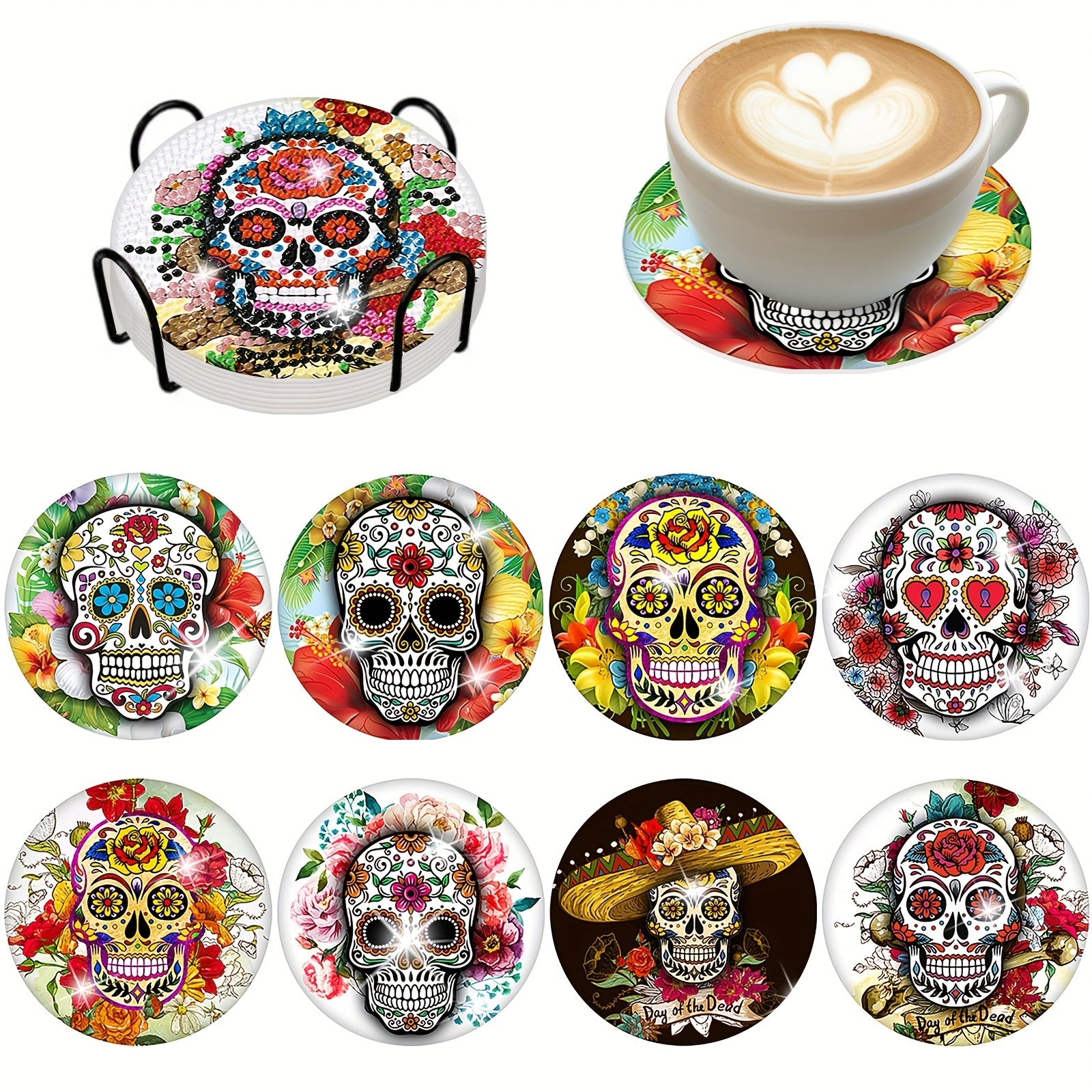 8pcs Mexican Skull Diamond Painting Holder DIY Halloween Skeleton Coaster