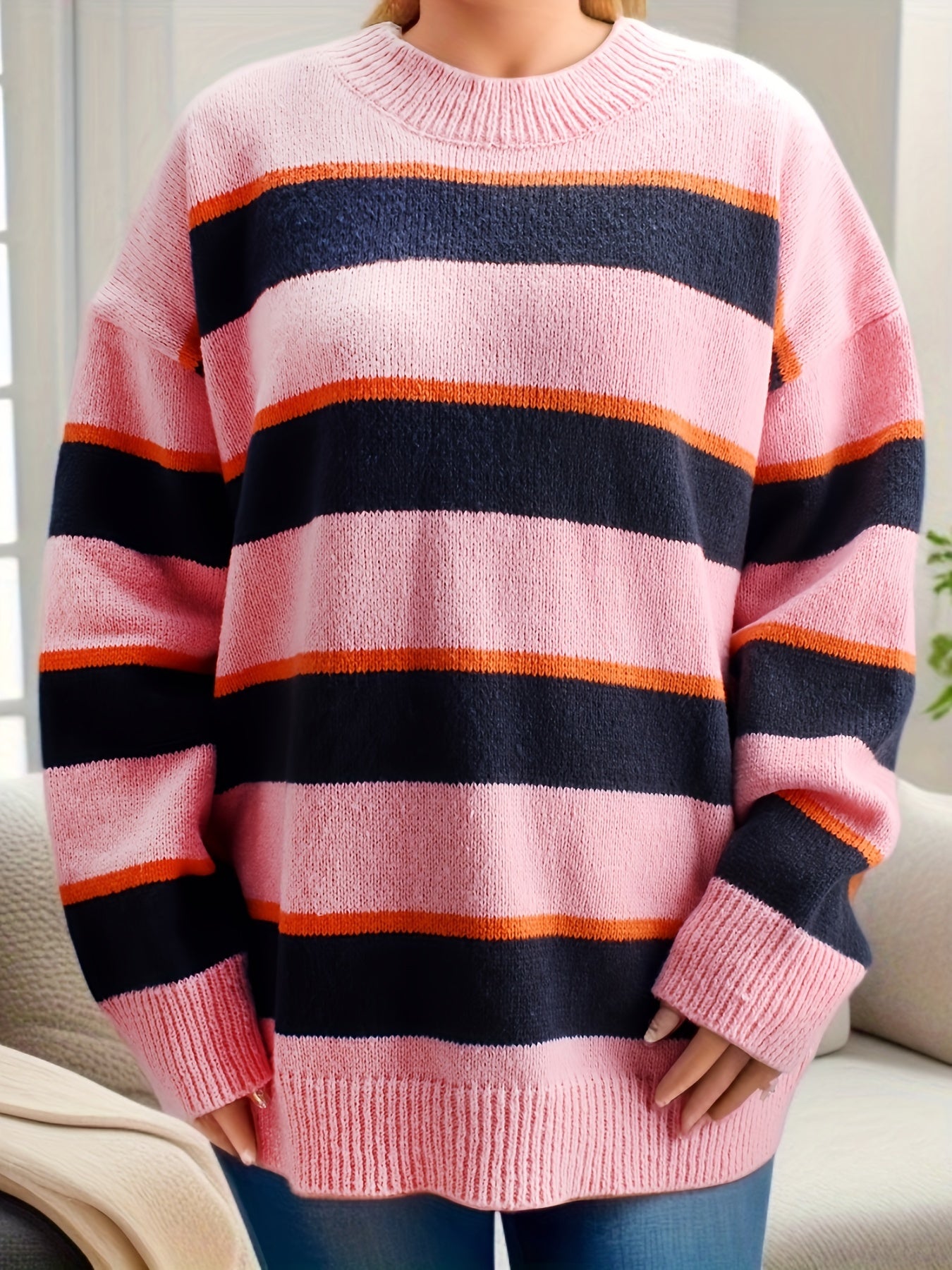  Colorblock Stripe Long Sleeve Sweater