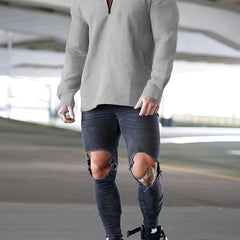 Waffle Pattern Sweatshirt Men's V Neck Pullover for Autumn Winter
