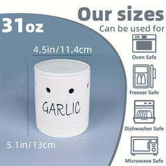 Ceramic Garlic Keeper Crisper Container Lid Storage Box Holder Countertop