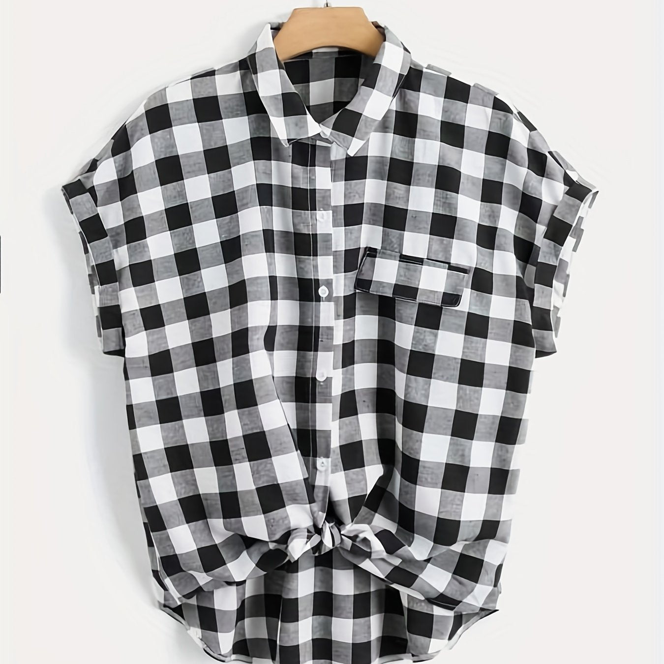 Gingham Print Button Up Bat Sleeve Blouse