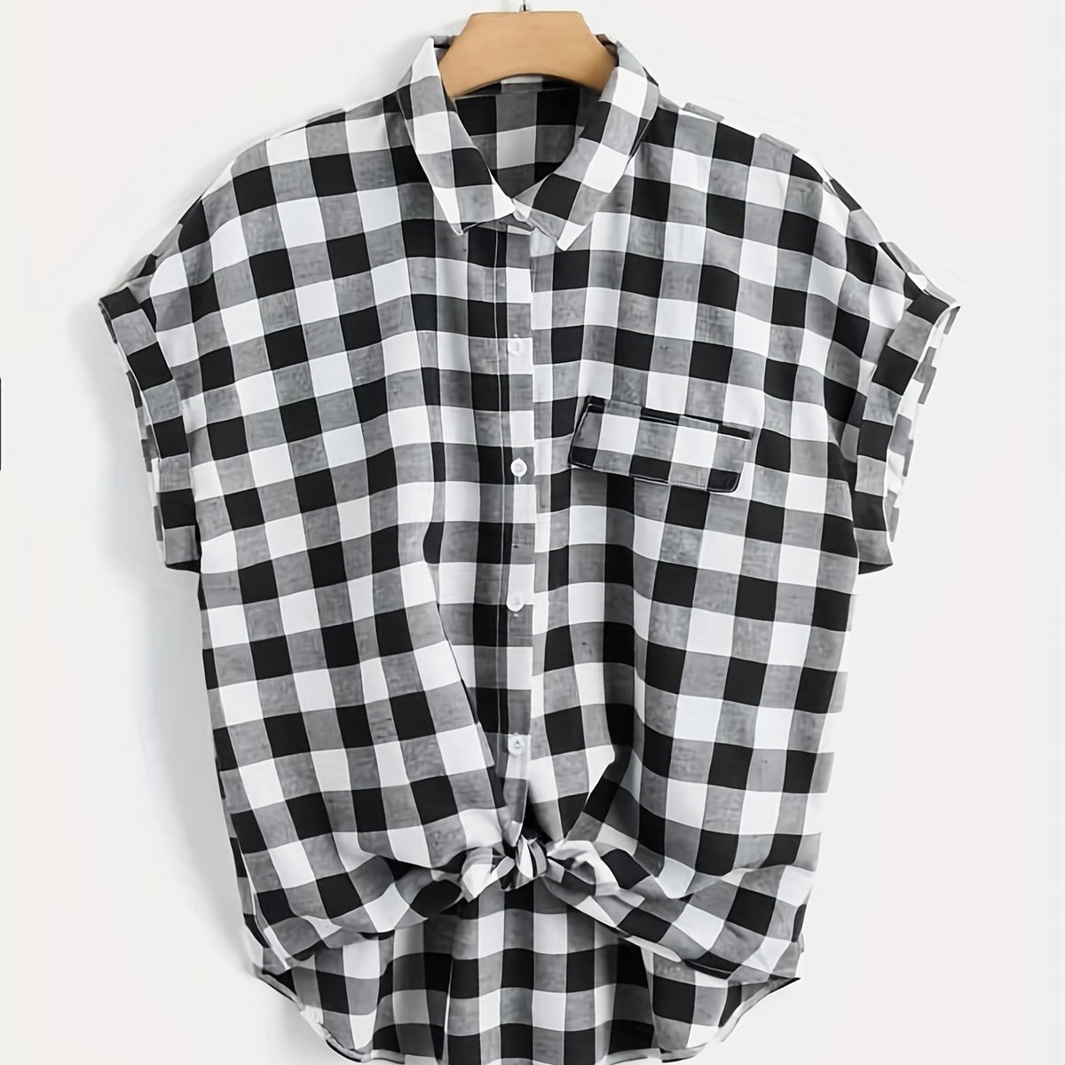  Gingham Print Button Up Bat Sleeve Blouse