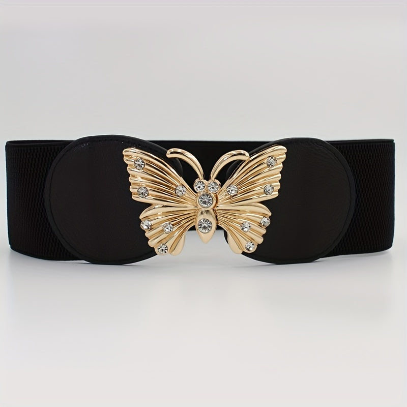Rhinestone Metal Butterfly Waist Belt Vintage Elastic Wide Dress Belt