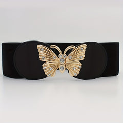 Rhinestone Metal Butterfly Waist Belt Vintage Elastic Wide Dress Belt