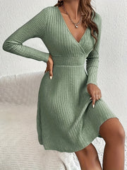  Solid Ribbed Long Sleeve Midi Dress