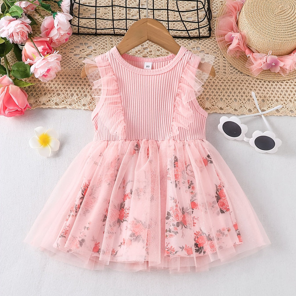 Girls Floral Sleeveless Mesh Dress