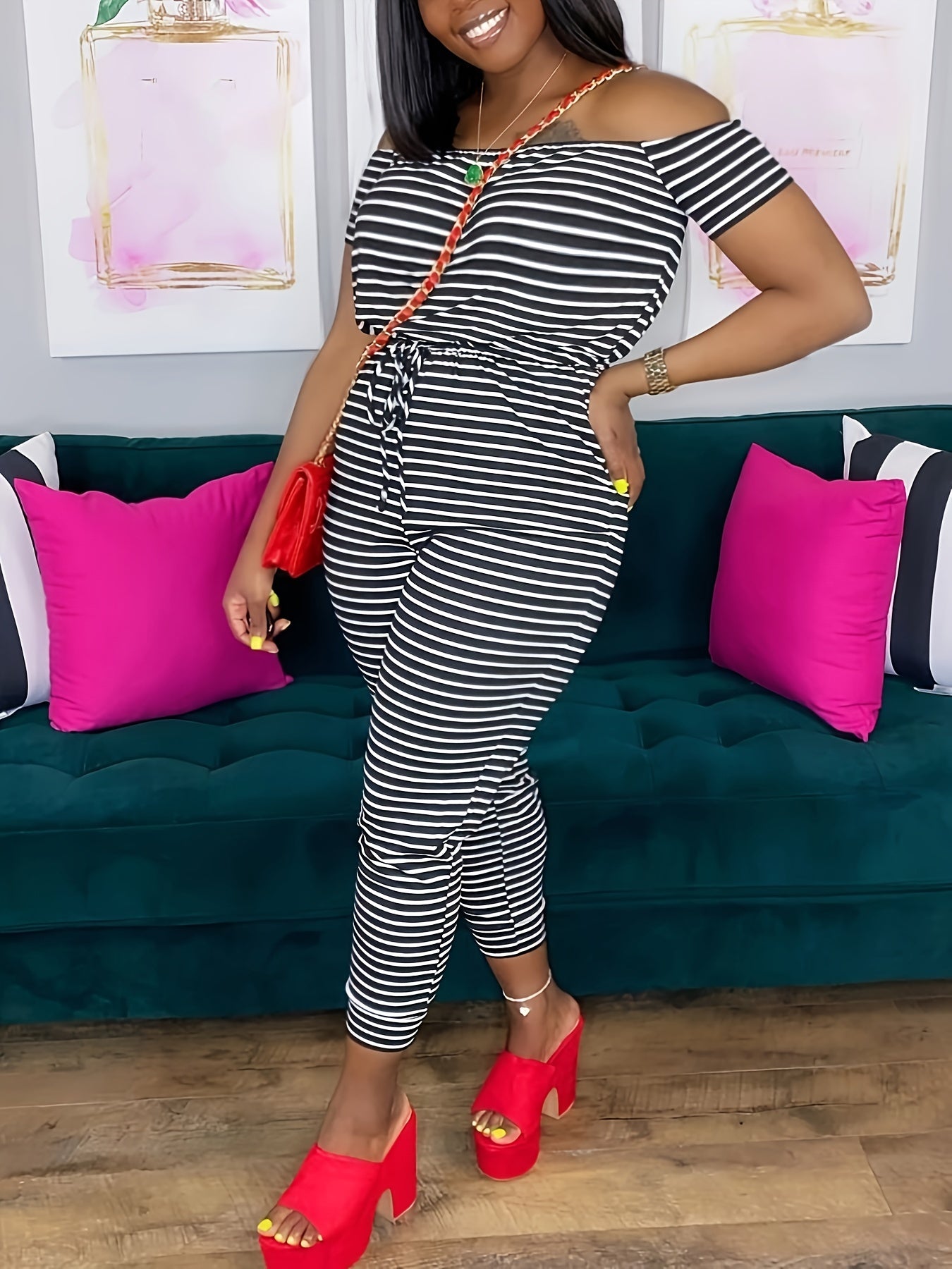  Off Shoulder Striped Print Jumpsuit Women's Plus Medium Stretch Casual